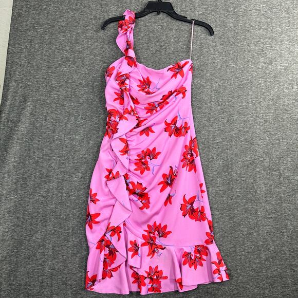 Likely Lois Dress One Shoulder Ruffle Pink Red Floral Print Sz 2 Summer Wedding - Picture 2 of 6